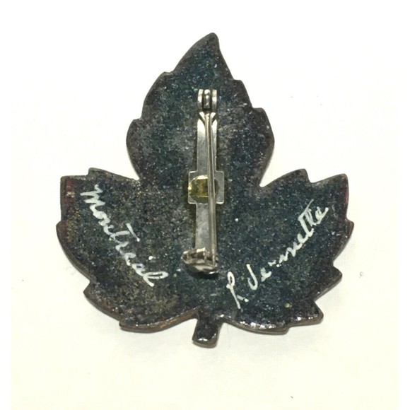Handmade Glass Enamel On Copper Maple Leaf Pin Brooch Montreal Signed Vermette - Picture 4 of 9